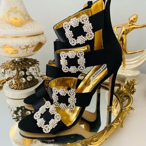 Fabulous Cape Robbin Black Satin & Diamond Buckle Stilettos